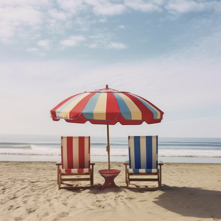 Beach chairs and umbrella on the sandy beach, vintage color toneの素材