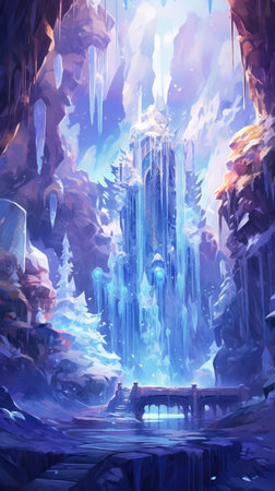 a winter landscape with ice cave and icicles.の素材