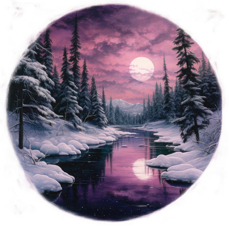 Winter landscape with snow covered trees and river in the forest at nightの素材