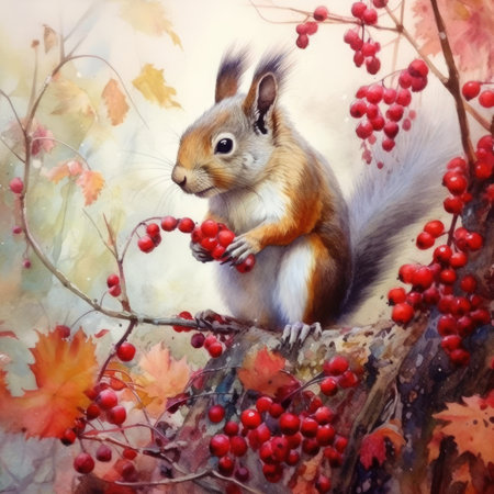 Watercolor Red squirrel sits on a branch with red berries.の素材