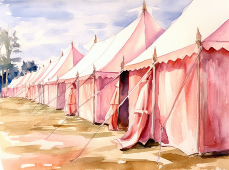Watercolor row of tents in a row on a beachの素材