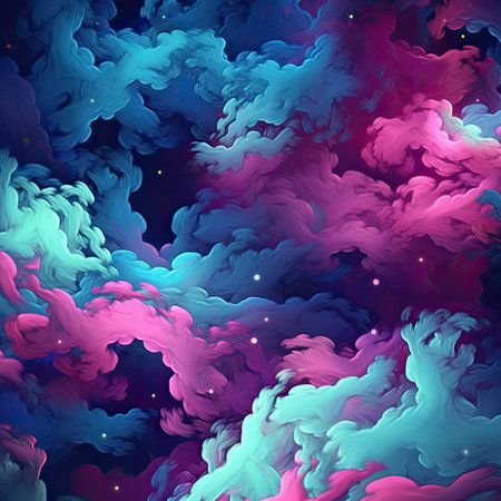 Abstract background with blue and pink clouds and stars.の素材