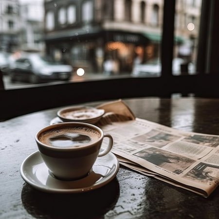 Coffee cup and newspaper on the table in coffee shop.の素材
