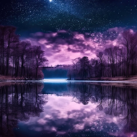Night landscape with starry sky and lake in the park.の素材