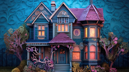 a fantasy house with purple and blue colors.の素材