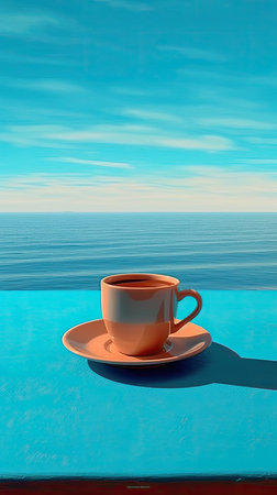 Coffee cup on blue table with sea view.の素材