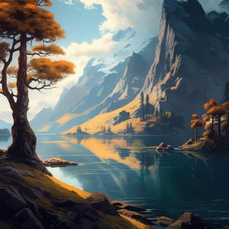 Fantasy landscape with lake, mountains and pine trees.の素材