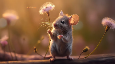 Cute little gray mouse with dandelion flower on nature backgroundの素材
