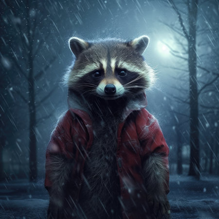 Portrait of a raccoon in a raincoat in the forestの素材