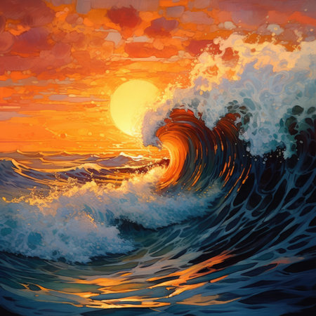 Beautiful sunset in the ocean with waves and sun.の素材