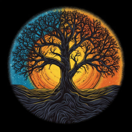 Halloween tree in the moonlight. Vector illustration on black background.の素材