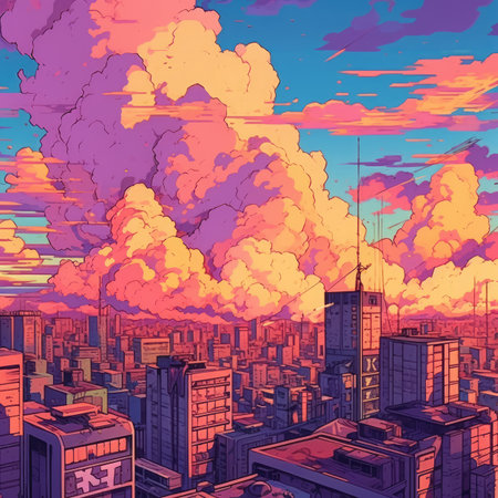 City landscape with skyscrapers and clouds. Vector illustration in retro styleの素材