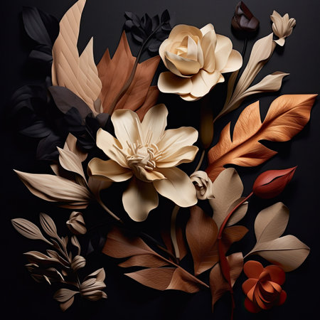 Beautiful floral composition on black background. Flat lay, top view.の素材