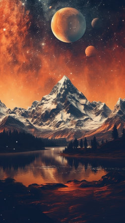 Fantasy landscape with mountains and lake.の素材