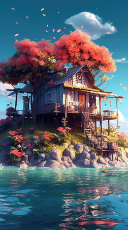 Tropical island in the ocean with a wooden house.の素材