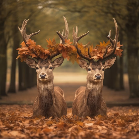 Two red deer with large antlers standing in the autumn forest.の素材