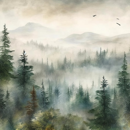 Foggy mountain landscape with coniferous forest.の素材