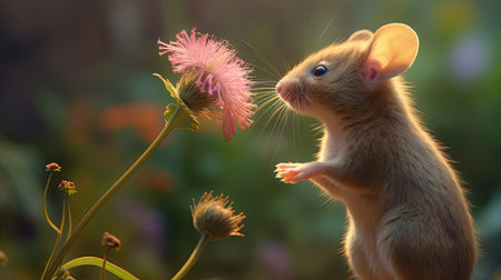 A little mouse with a flower in its mouth. Close up.の素材