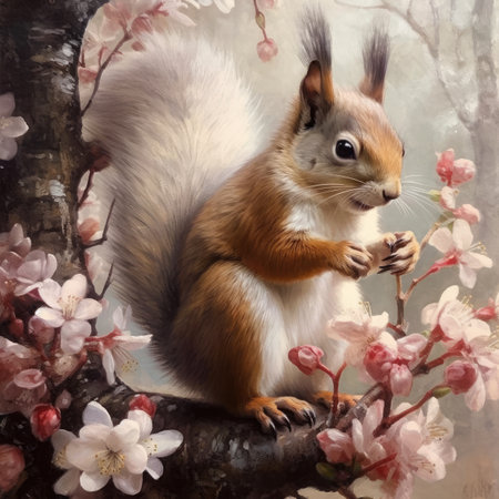 Cute squirrel sits on a tree branch with flowers.の素材