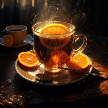 cup of tea with orange on a dark background. tinting. selective focusの素材