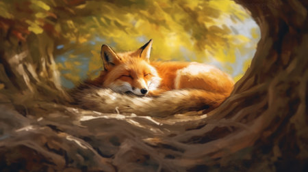 Red fox sleeping in a tree. Close-up.の素材