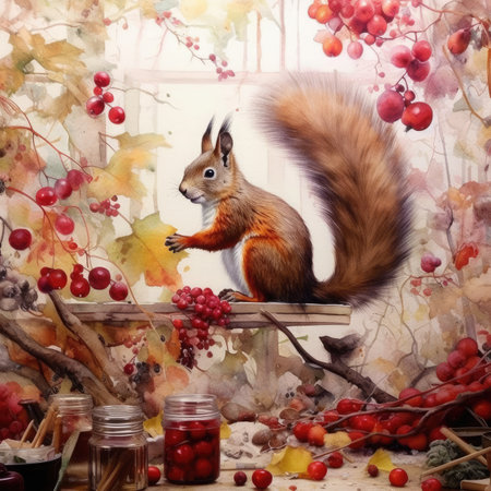 Watercolor Squirrel on a branch with red berries.の素材