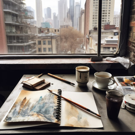 Coffee cup and pencils on a window sillの素材