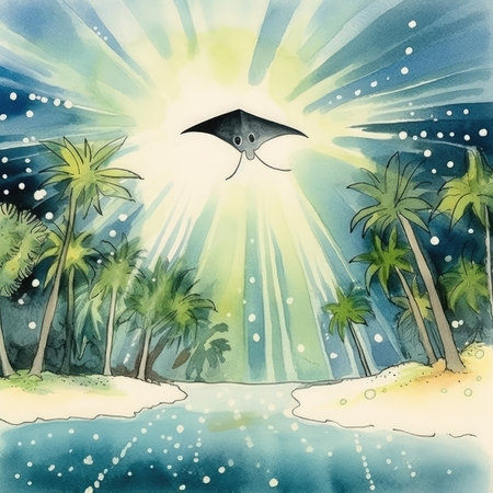 Watercolor beach with palm trees and a kiteの素材