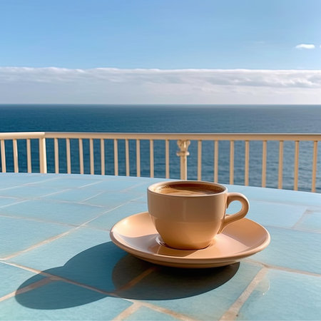 Cup of coffee on the terrace with view on the seaの素材