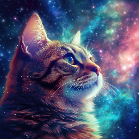 Cute cat with blue eyes and colorful cosmic background.の素材