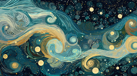 Abstract vector background. Hand-drawn waves with circles and stars.の素材