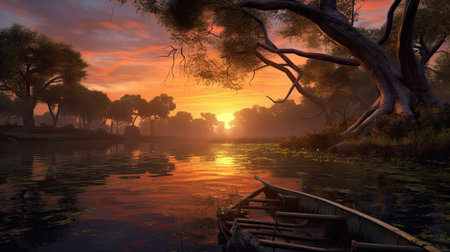 Fantasy landscape with a boat on the river and trees at sunsetの素材