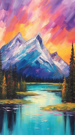 Colorful painting of a mountain lake in the forest at sunset.の素材