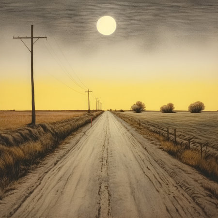 Country road in the field at sunset with a full moon in the backgroundの素材