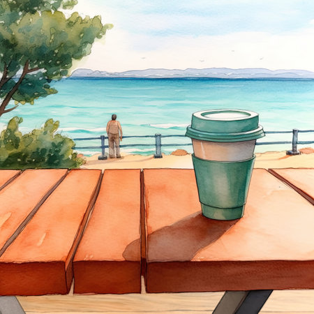 Watercolor Coffee cup on the terrace with sea view.の素材