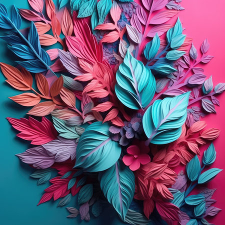 Colorful paper leaves on a blue background. Minimal style.の素材