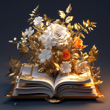 Open book with flowers and gold leaves on a dark background.の素材
