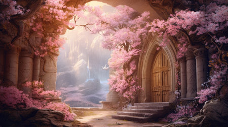 Cherry blossom garden and old wooden door.の素材
