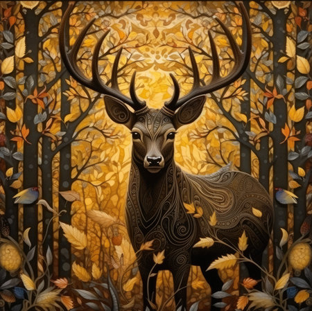 a deer in the forest with autumn leaves and birdsの素材