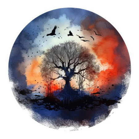 Watercolor Halloween background with silhouettes of trees and bats.の素材