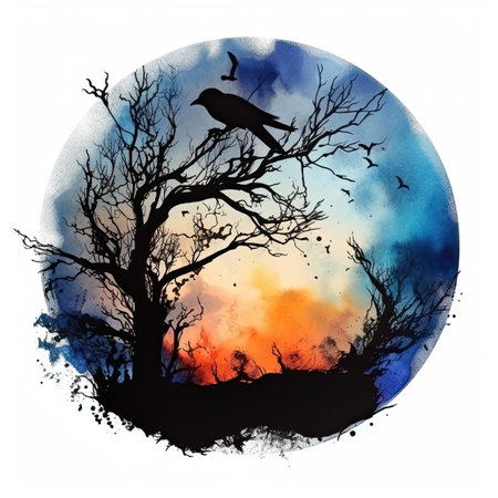 Watercolor Halloween night. Silhouette of a raven on a tree.の素材