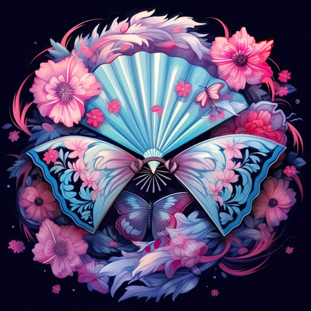 Illustration of butterfly with a fan and flowers on a dark backgroundの素材