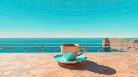 Cup of coffee on the balcony overlooking the sea.の素材