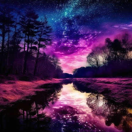 Fantasy landscape with milky way, river and forest at nightの素材