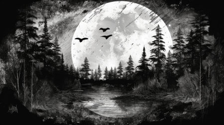 Black and white illustration of a full moon over the forest in the night.の素材