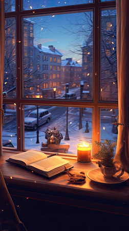 Cozy winter evening in the city. Book on the windowsill.の素材