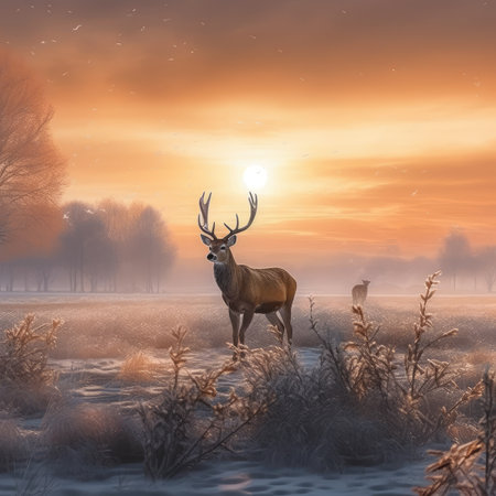 Deer in the misty meadow at sunset.の素材