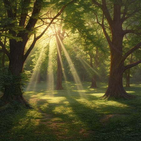 Sunlight in the morning in the green forest with sunbeamsの素材