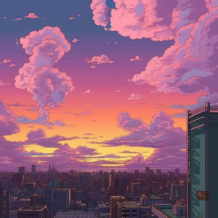 Cityscape with skyscrapers and clouds at sunset.の素材