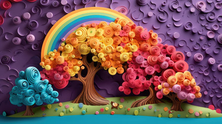Paper art style of colorful flower tree and rainbow.の素材